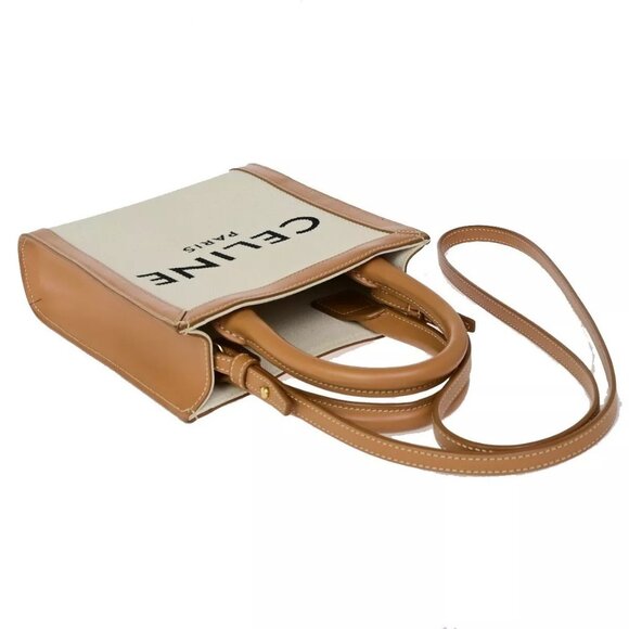 CELINE Logo Vertical Cabas 2Way Mini Hand Tote Bag Canvas Leather Brown - Picture 6 of 16